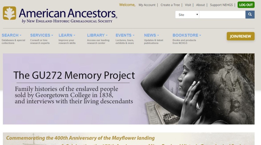 a screen shot of the front page of American Ancestors Webpage