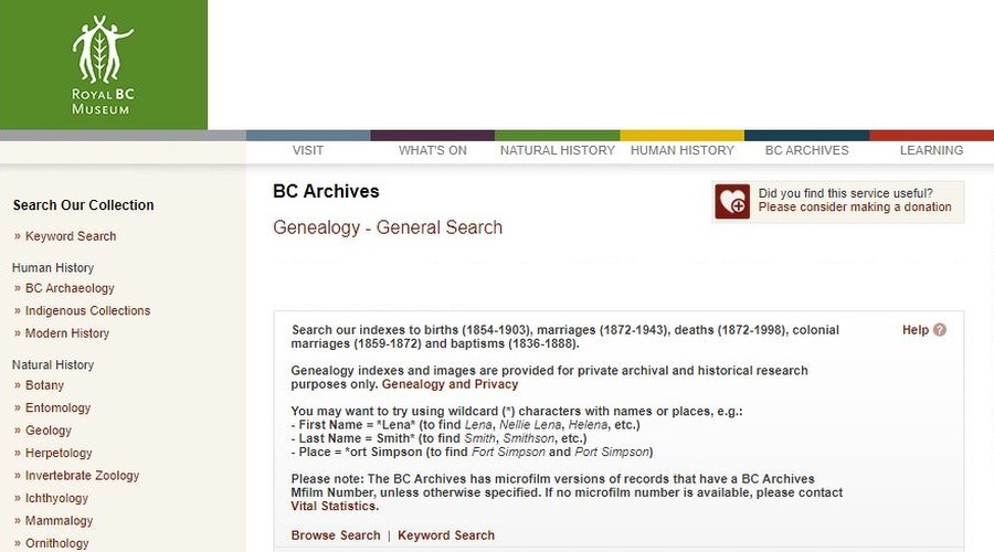 a screen shot of the front page of BC Vital Statistics