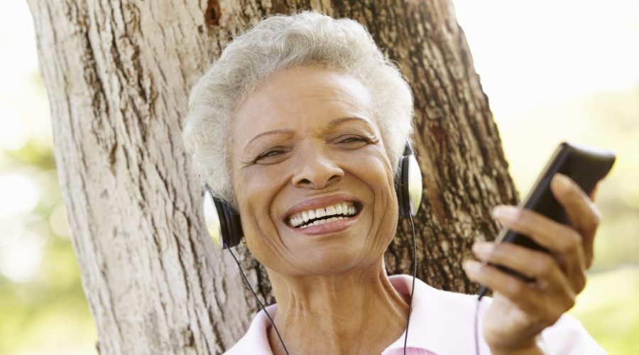 Woman listening to headphones