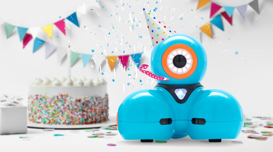 small cute dash robot with birthday decorations