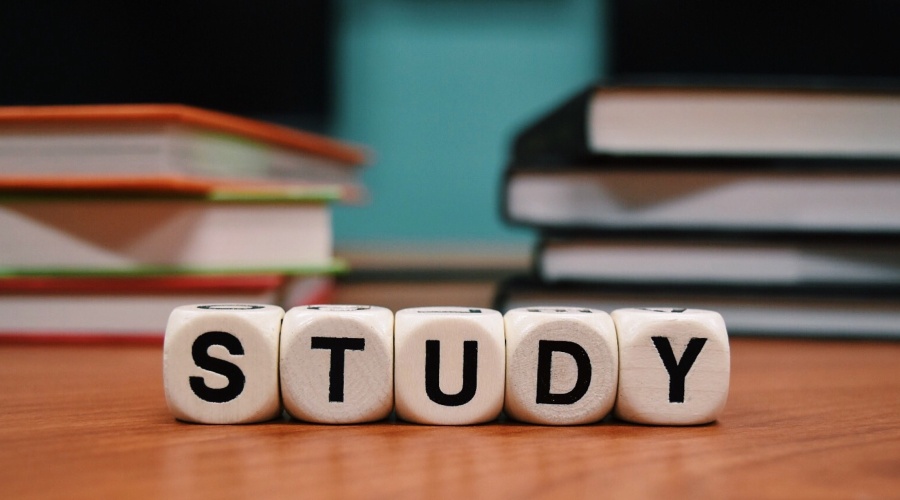 Dice spelling out the word study with books in background
