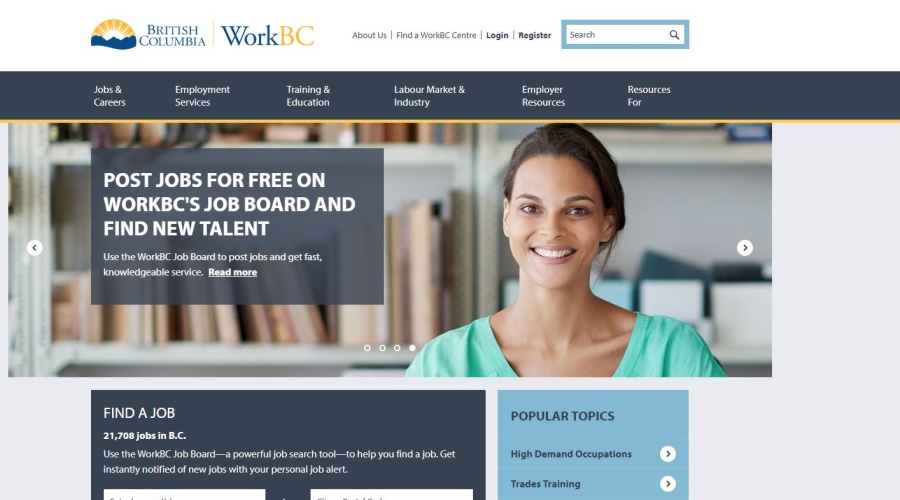 Screenshot of WorkBC website