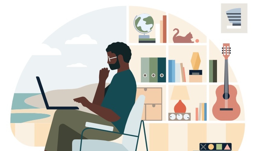 Cartoon image of man using computer