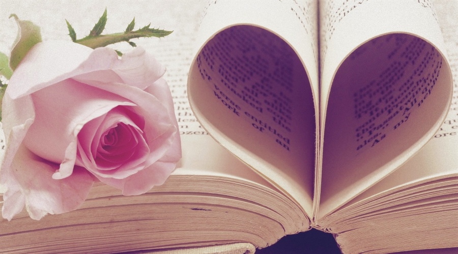 book forming a heart, along with a rose