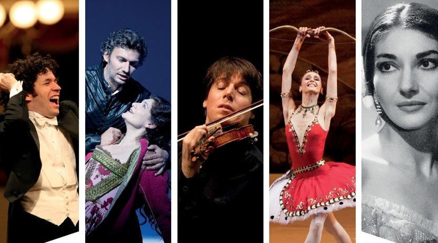 Conductor, man and woman dancing, violin player, ballet dancer, opera star