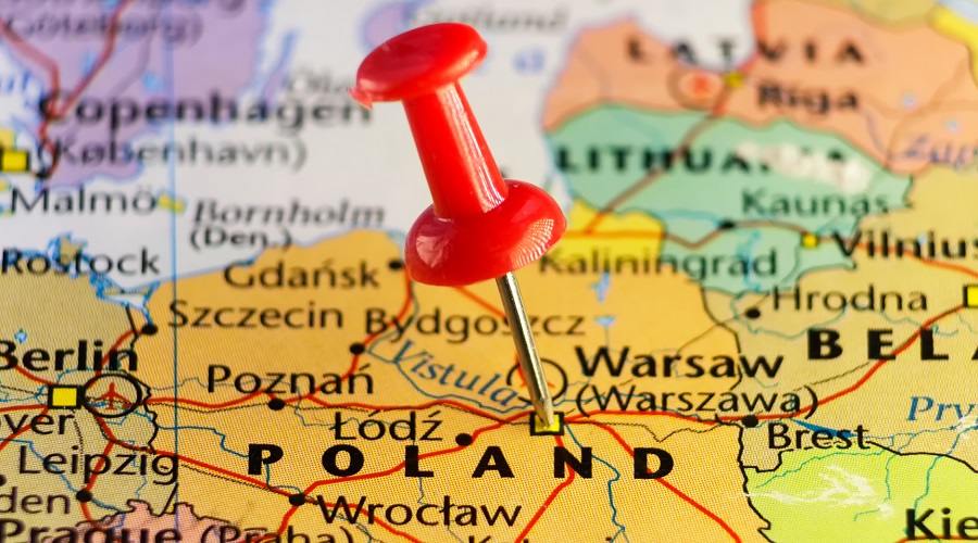 Map of Europe with a pin in Poland