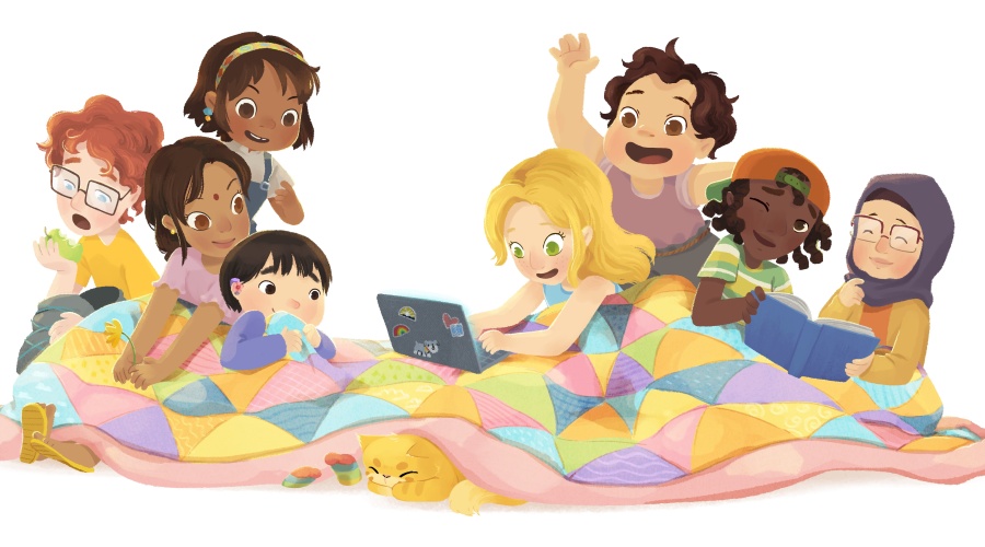Group of children reading and playing together