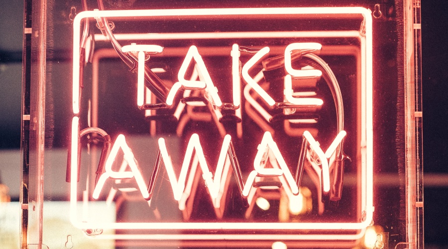 Neon signage with text: Take Away