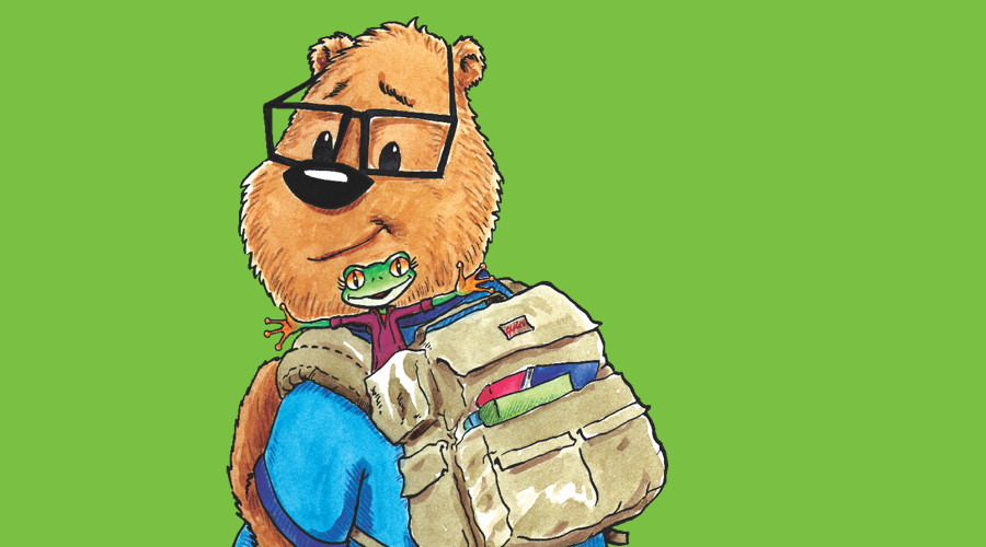 Bear walter carrying a backpack with frog jazzy