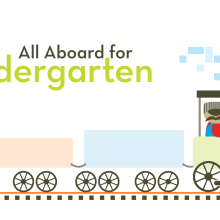 Conductor driving a small train Text: All Aboard for Kindergarten