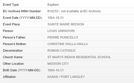 Screenshot of BC Archives with a baptism
