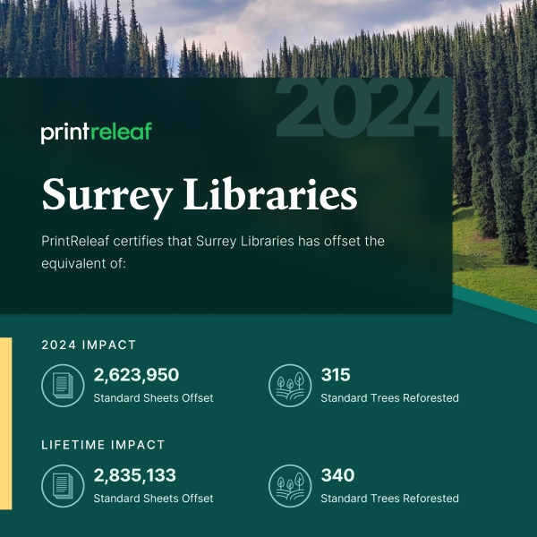 2024 impact of print Releaf, 2,623,950 standard sheets offset. 315 trees reforested, Lifetime impact 2,835,133 sheets offset, 340 trees reforested