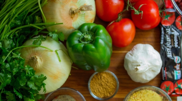 Assorted vegetables and spices on a table