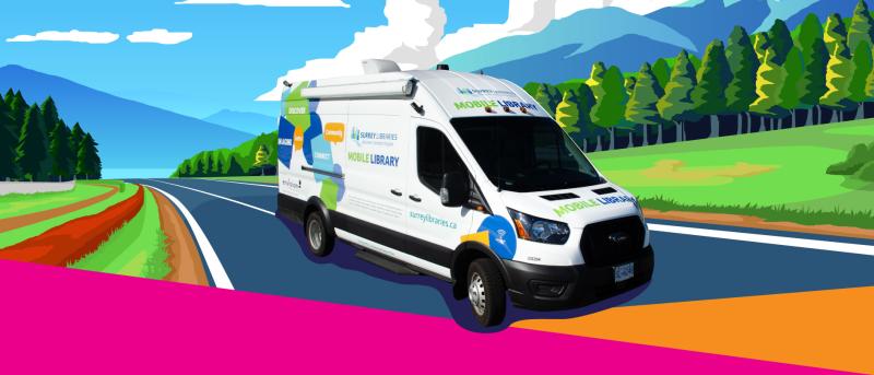 A white van with the words "Surrey Libraries Mobile Library" is driving on a road. Bright green grass, trees, and blue skies are in the background. 